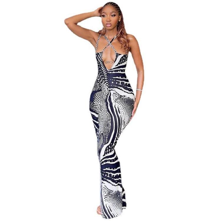 Summer Women Sleeveless V-Neck High Waist Backless Slit Pencil Dress Casual Spring Print Camisole Dresses Ankle-Length S-XL