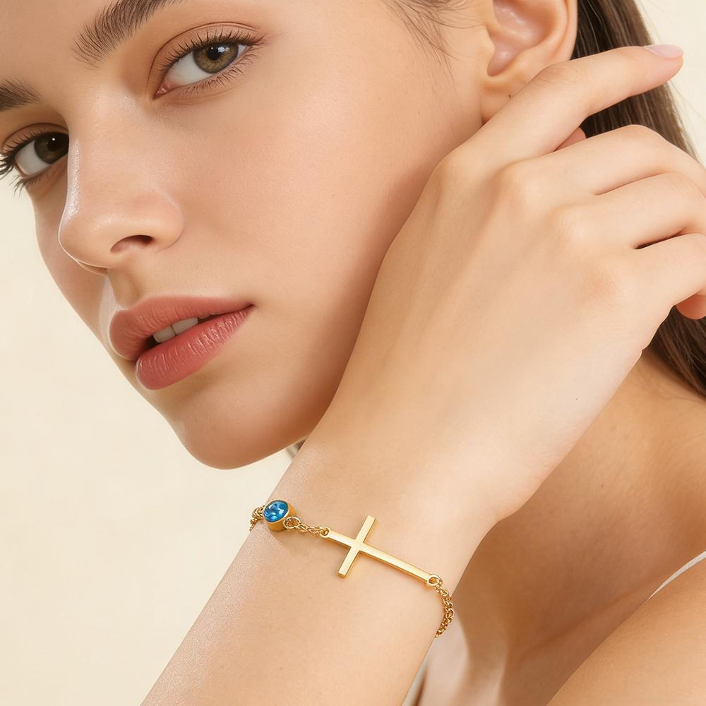Cross Birthstone Zirconia Charms Bracelets Girls Summer Beach Thin Chain Cross Hand Chain July August Stainless Steel Jewelry