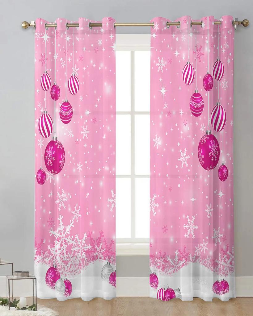Winter Pink Christmas Ball Snowflake Sheer Curtains for Living Room Decoration Window Curtains Kitchen Tulle Voile Curtains