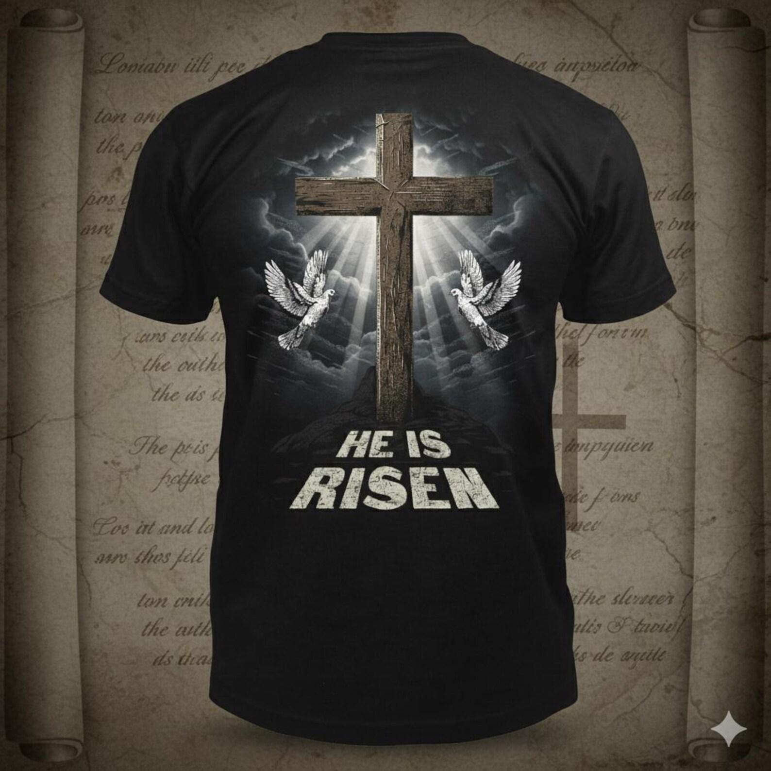 He Is Risen - Wooden Cross and Doves T-Shirt: Christian Easter Faith 4XL
