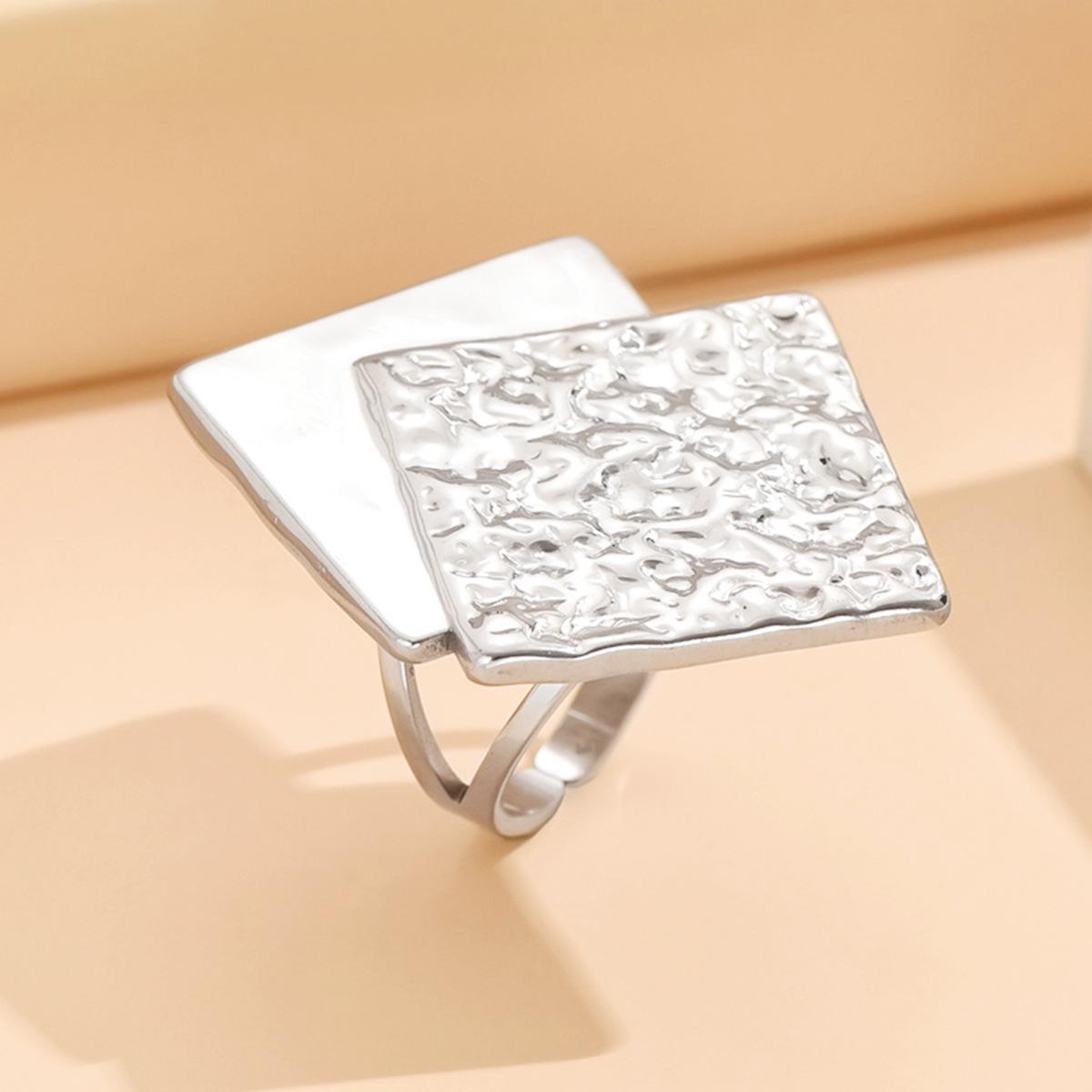 High-End Asymmetrical Geometric Stainless Steel Ring for Women - Hammered Texture Square Open Adjustable Design