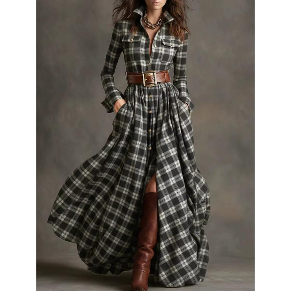 LYRIA French Women's Plaid Dress Shirt Button Cardigan Lapel Fashion Belt Pocket Irregular Design A-line Long Skirt for Female