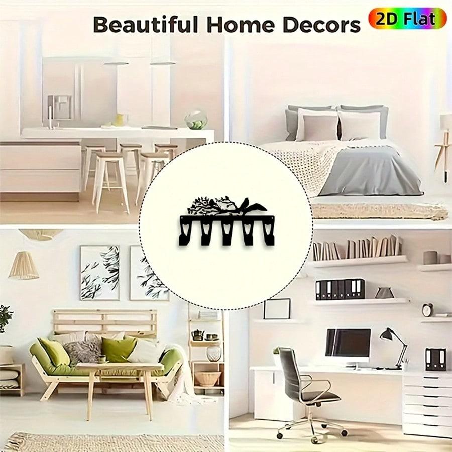 Rustic Bird Tree Key Holder Metal Wall Art 5 Hooks Nature Inspired Decor