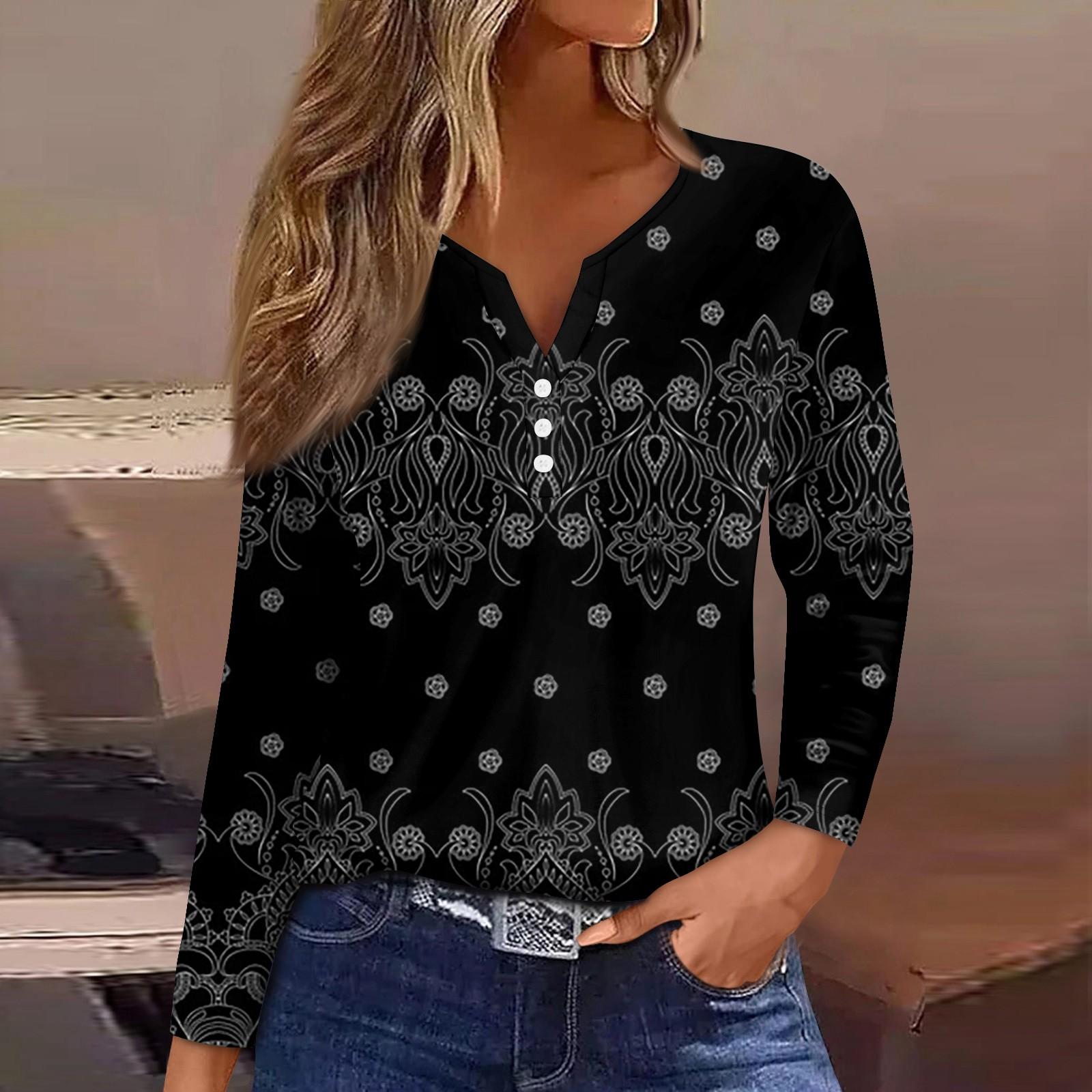 Жен. Футболка Футболка Пуговицы Цветочный принт Длинный рукав Повседневные Выходные Мода — фото 5