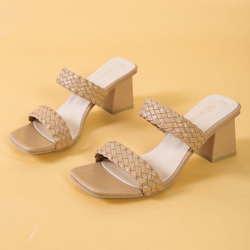 

Новый однословный плетеный пояс верхняя одежда туфли на высоком каблуке большого размера туфли на толстом каблуке женские повседневные пляжные шлепанцы 42 хаки