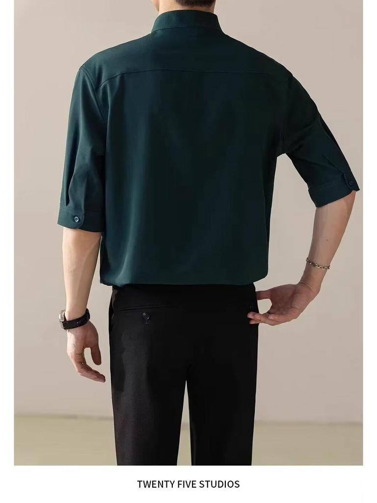 2024 Men's Ink Green Stand Collar Loose Fit Mid-Sleeve Shirt