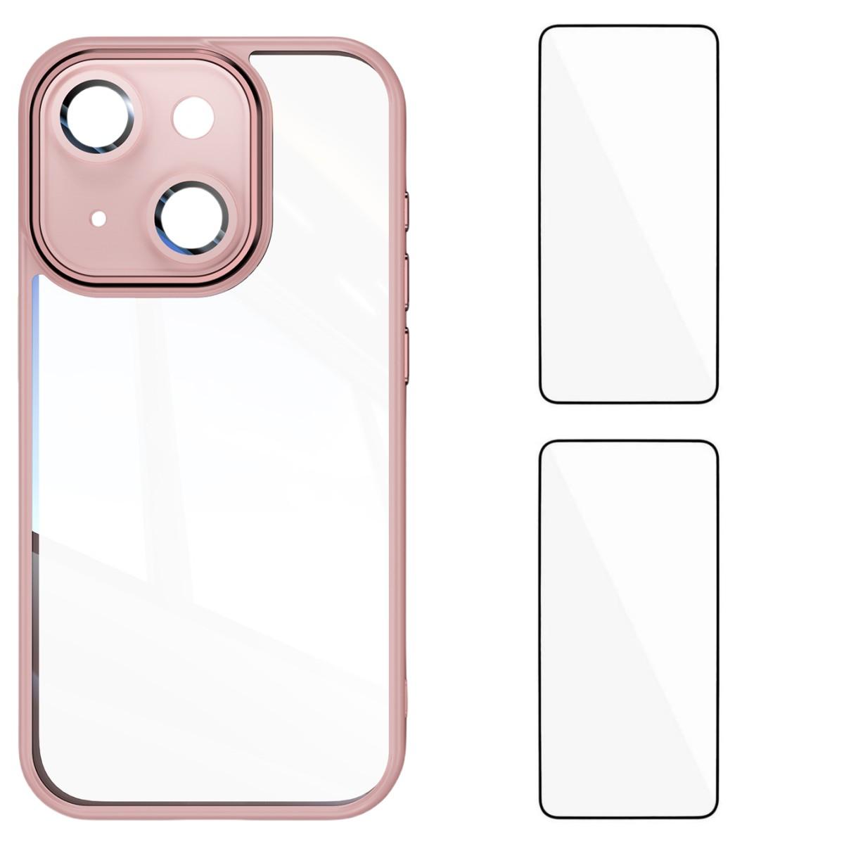 

For iPhone 15 Plus TPU Case WANLONFENG Drop-proof Clear Phone Cover with 2Pcs Tempered Glass Film Pink
