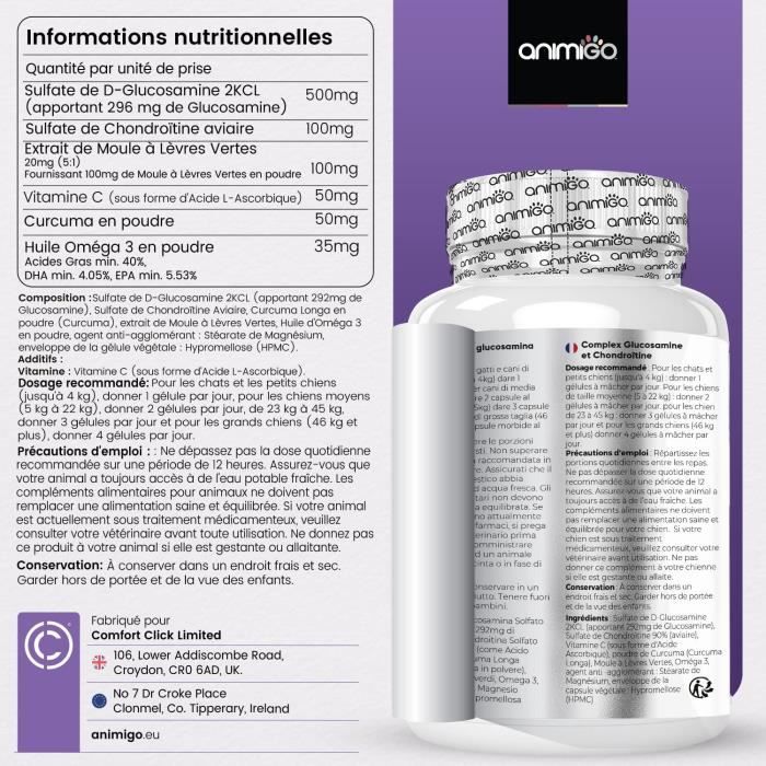 Gélules chondroprotecteur - animigo - glucosamine chondroïtine - oméga 3 - curcuma - 180 gélules