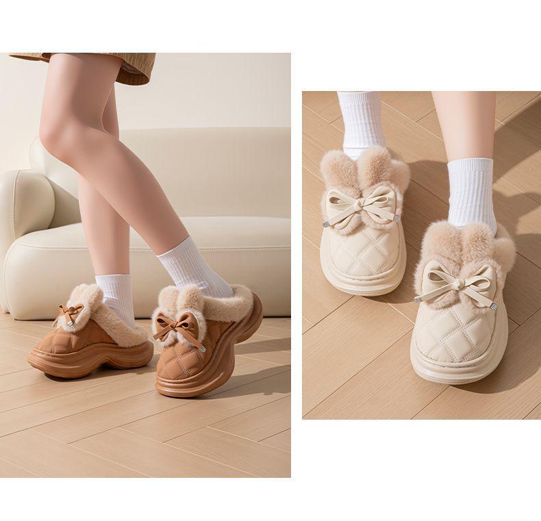 Damen 2025 Winter Schleife Baumwollpantoffeln: Rutschfest, Dicke Sohle, Warmes Plüsch für den Außenbereich