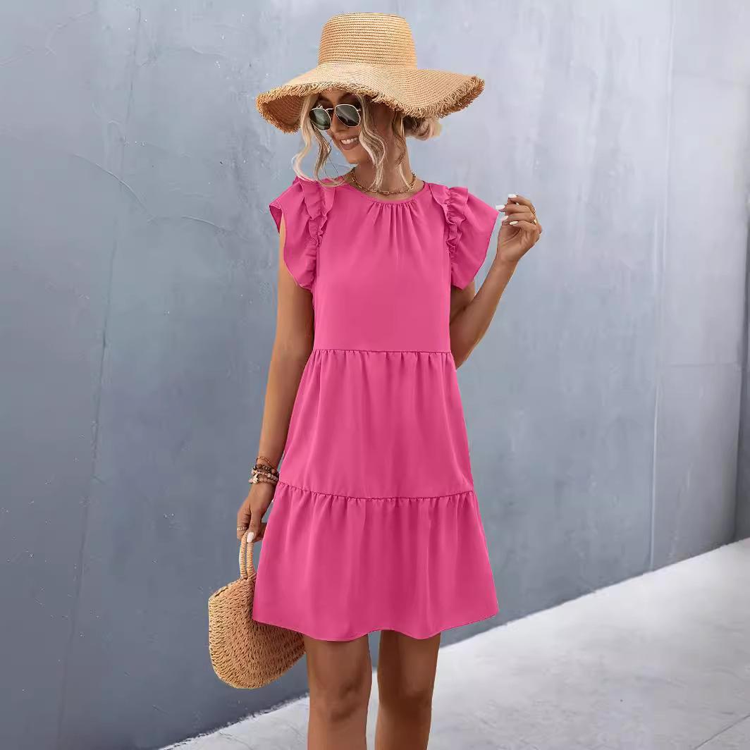 

QICED весенне-летнее свободное женское однотонное платье с короткими рукавами и круглым вырезом L розовый