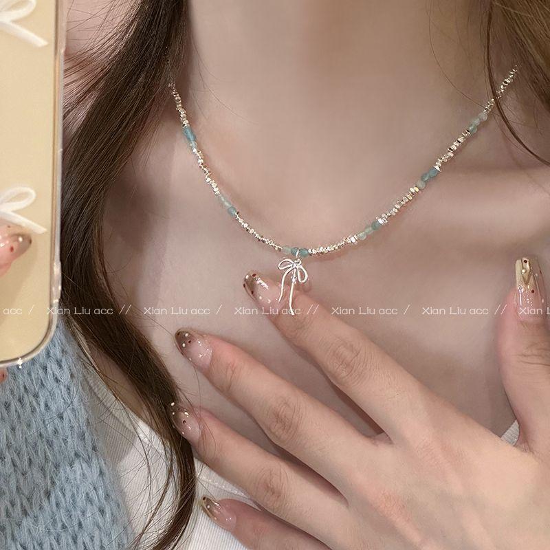 

Blue Small Pieces of Silver Bows Necklace Fancy Light Luxury Minority Clavicle Chain Female 2025 New Arrival Necklace Ornament Blue Crystal Broken Silver Bows Necklace