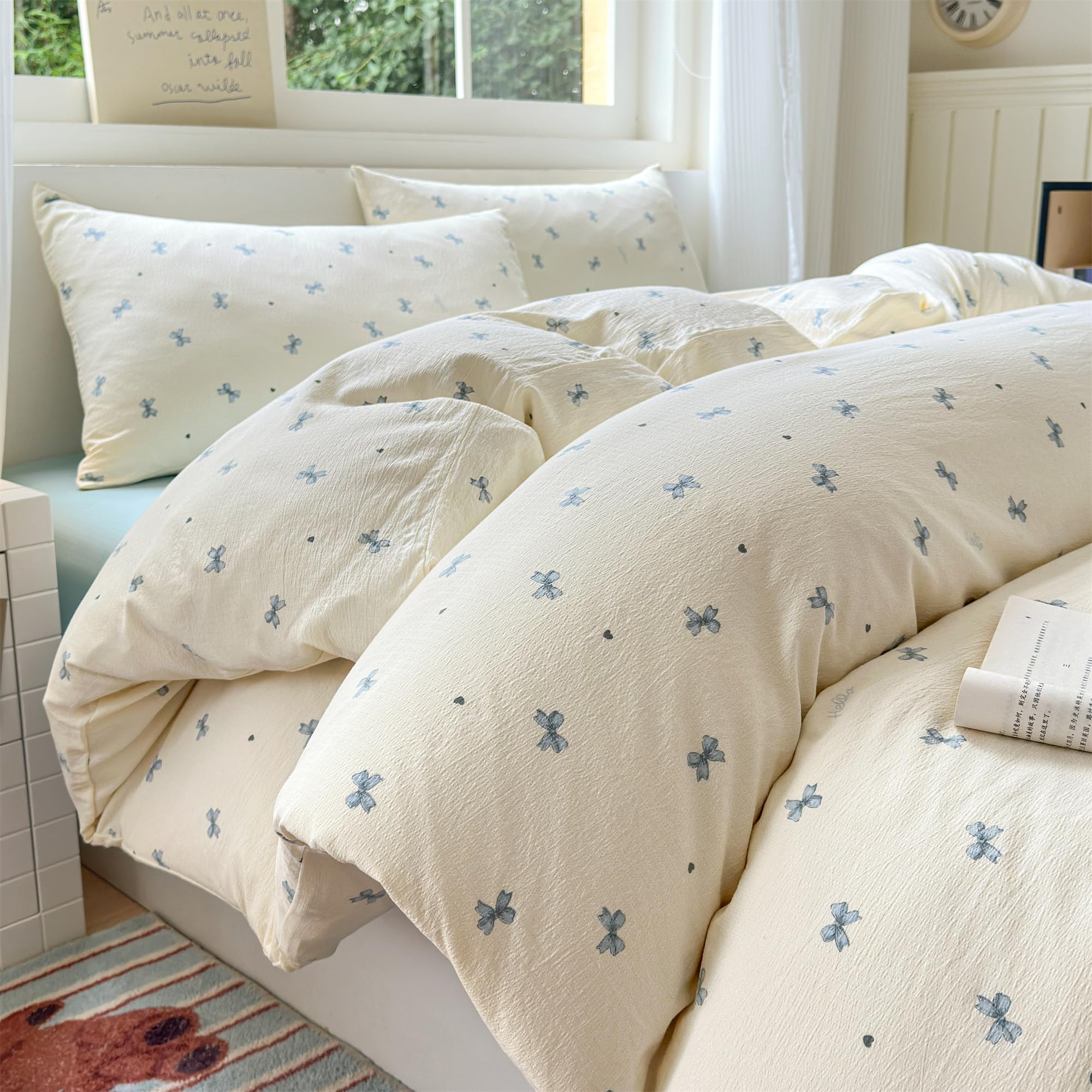 

YYHNOOOOK Двуспальный пододеяльник Подходит для западного и японского стиля Включает пододеяльник, простынь на резинке и Подходит для всех Машинная стирка Лента Двуспальный 4 предмета синий