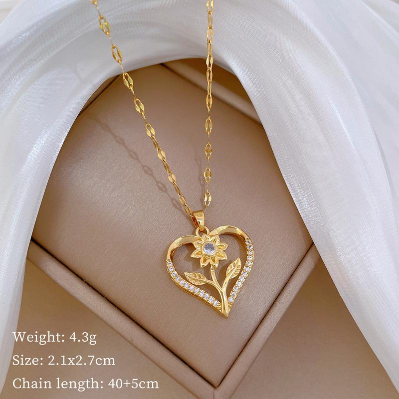 Peach Heart Rose Light Luxury Temperament Gorgeous Full Diamond Necklace Women S Versatile Collarbone Chain Titanium Steel Chain