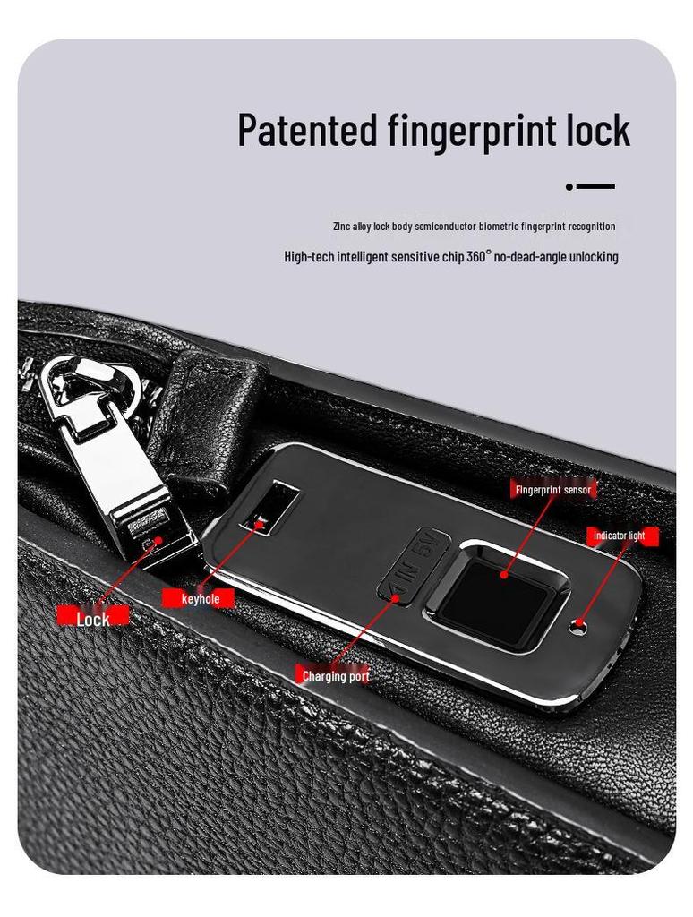 Men's Genuine Leather Briefcase with Fingerprint Lock – Large Capacity Business Handbag