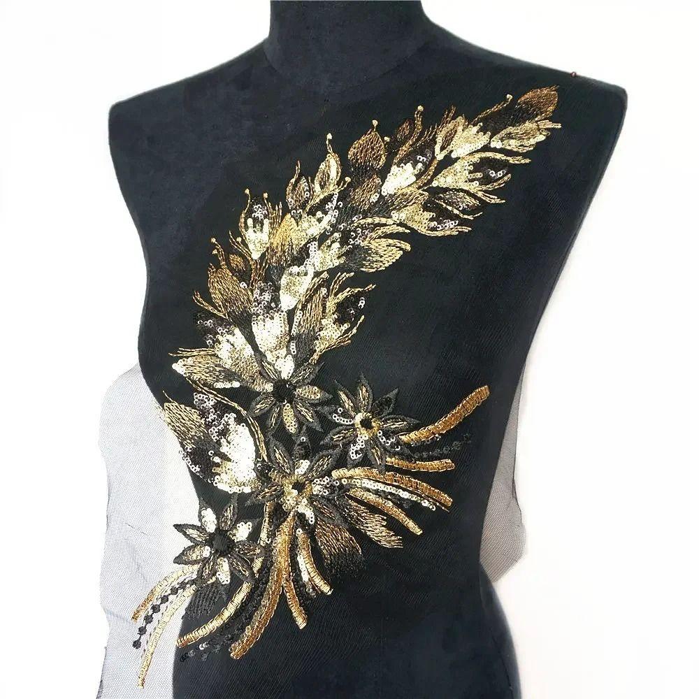 Blue Black Gold Sequined Embroidery Patches Lace Trims Mesh DIY Embroidered Floral Patches Sequins Patches