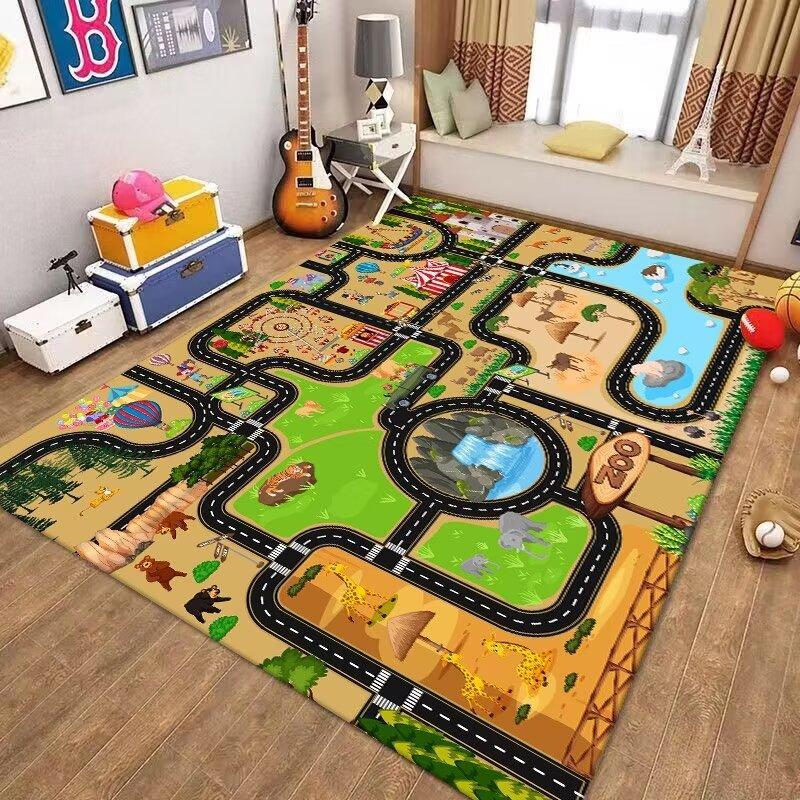 Kids Traffic Play Mat Road Map Rug Educational Carpet for Preschool Home Playroom Home Decoration Zoo Animal Number Design