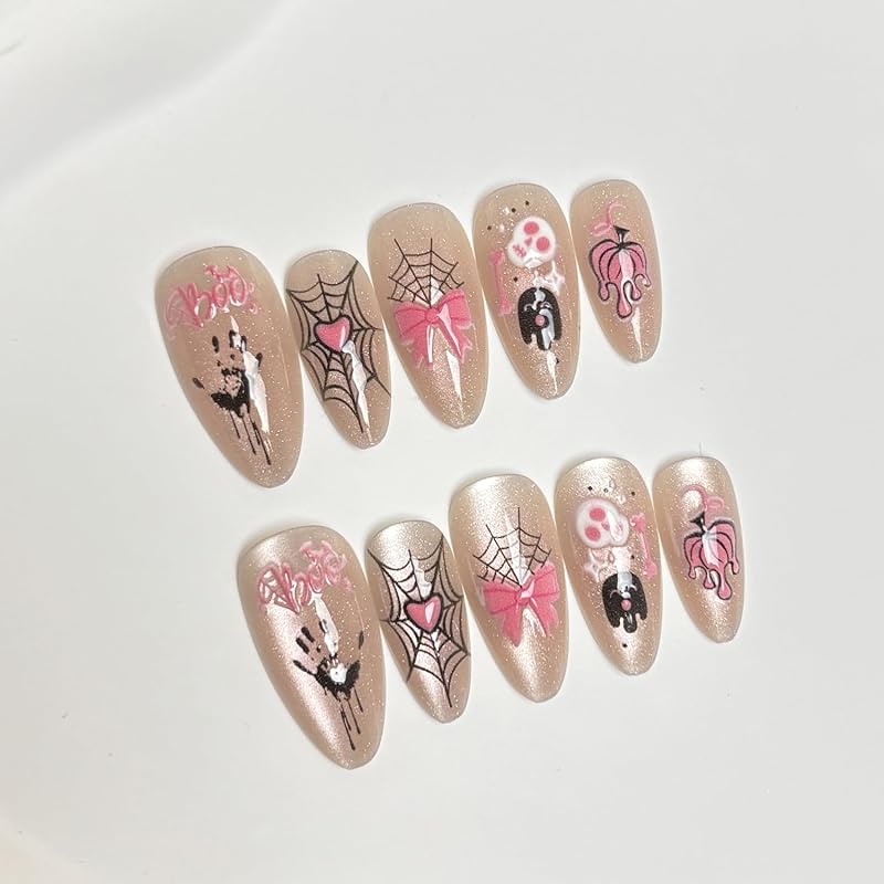 Short Almond Press on Nails Halloween Fake Nails Gothic Bat Acrylic Nail Cute Ghost False Nail with Purple Glitter Design Goth Halloween Nails Press