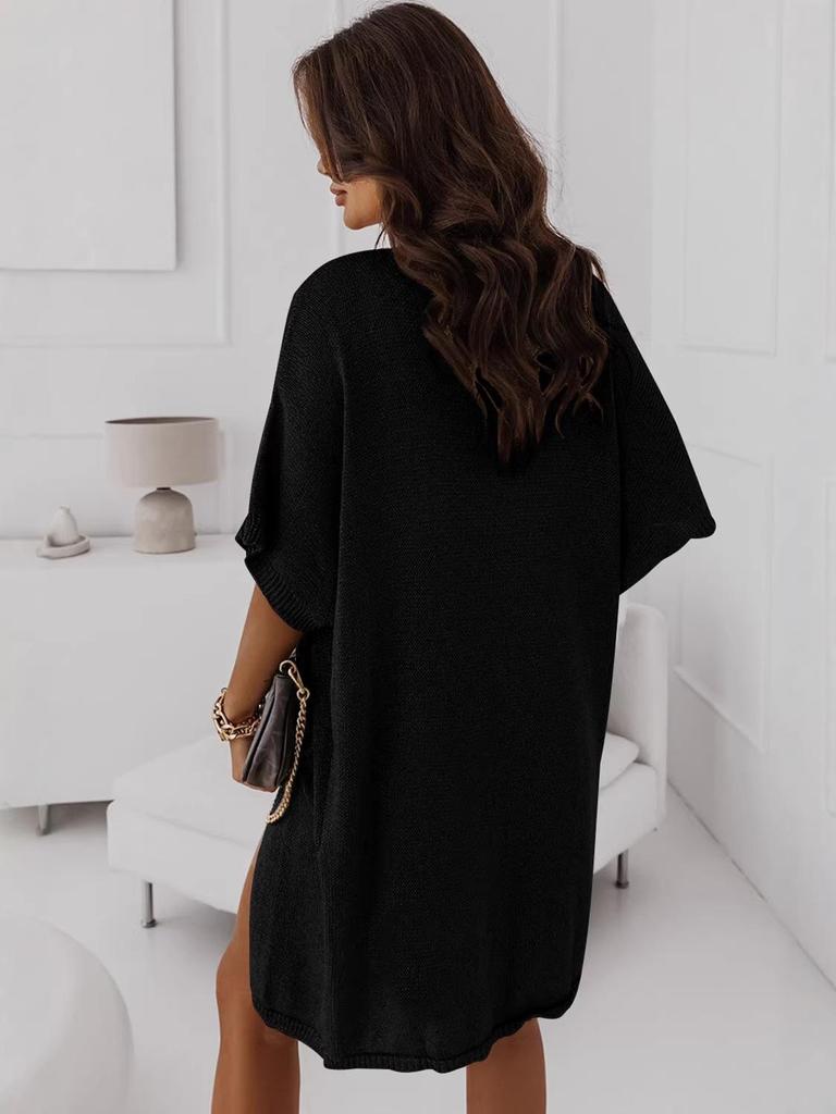 2026 Spring/Summer Women's Casual Knit Batwing Cardigan with Pockets - Loose, Mid-Length, Short Sleeve Outerwear