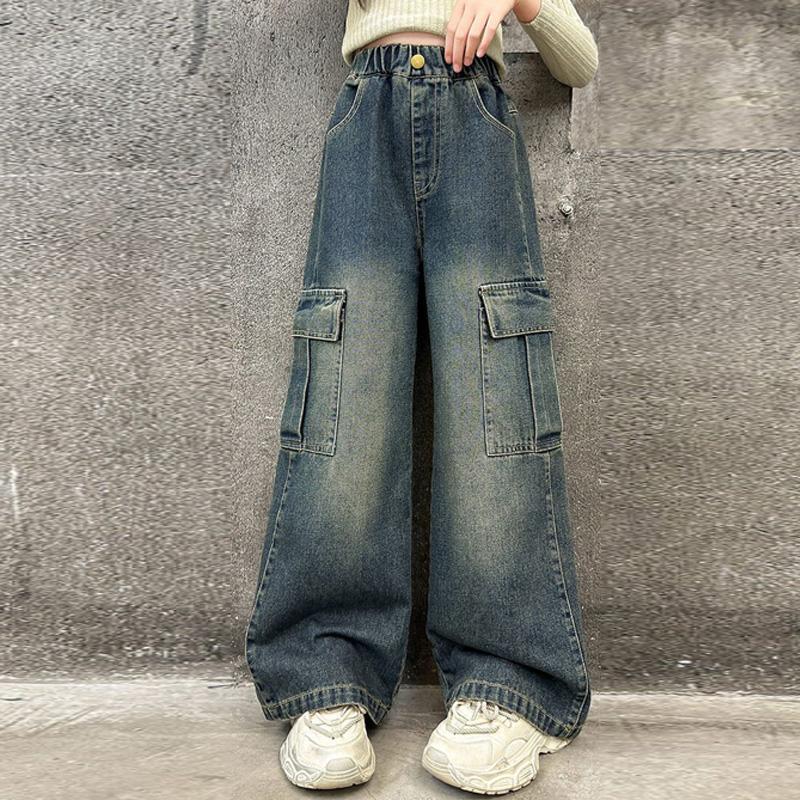 Girls Cargo Jeans Kids Wide-legged Denim Pants Teenagers Fashion Streetwear Loose Trousers Children Casual Clothes 5-12Y