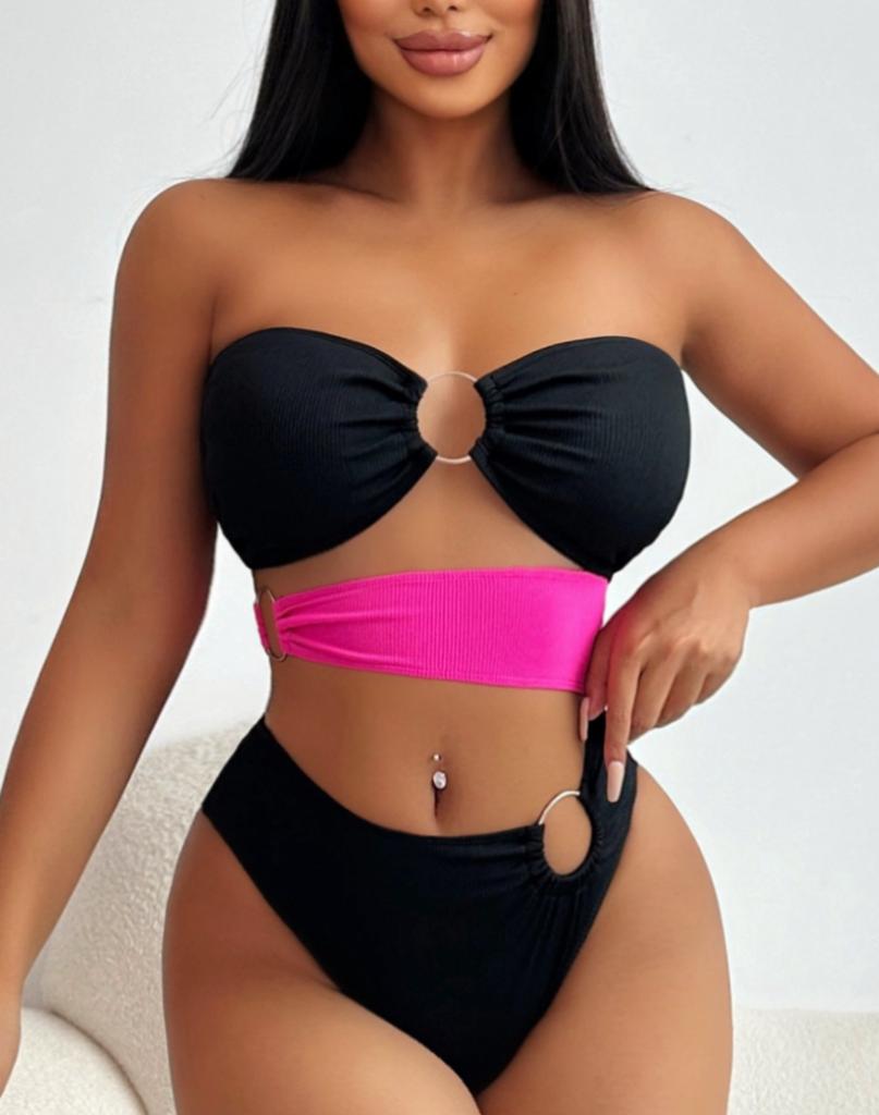 Women's Swimsuit Black Strapless Back Tied One-piece Swimsuit Bikini Beachwear Bathing Suits
