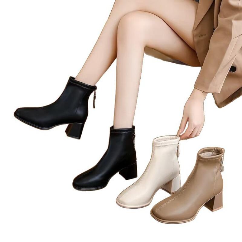 Autumn and Winter Thick Heel Martin Boots New Square Head Velvet Short Tube Thin Boots Women's Soft Leather Small Short Boots Ankle Boots