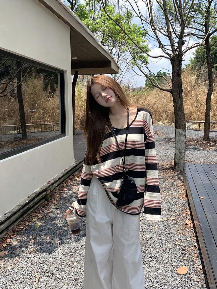 Hong Kong Retro Striped Sun Protection Loose Slimming Women's Long Sleeve T-shirt