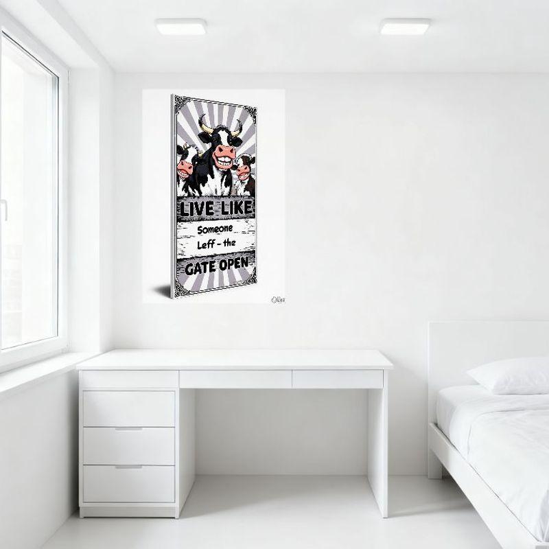 Cute Cartoon Cows Framed Metal Tin Sign - Live Like Someone Leff Gate Open Whimsical Poster for Home Bar Café Decor