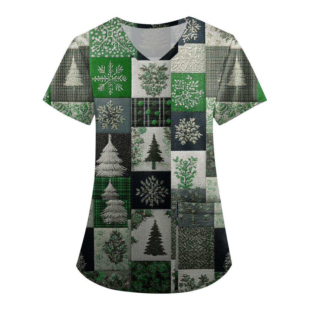 Women's Printing Uniform Work Uniform V-neck Pockets Basic Short Sleeve Pullover Top