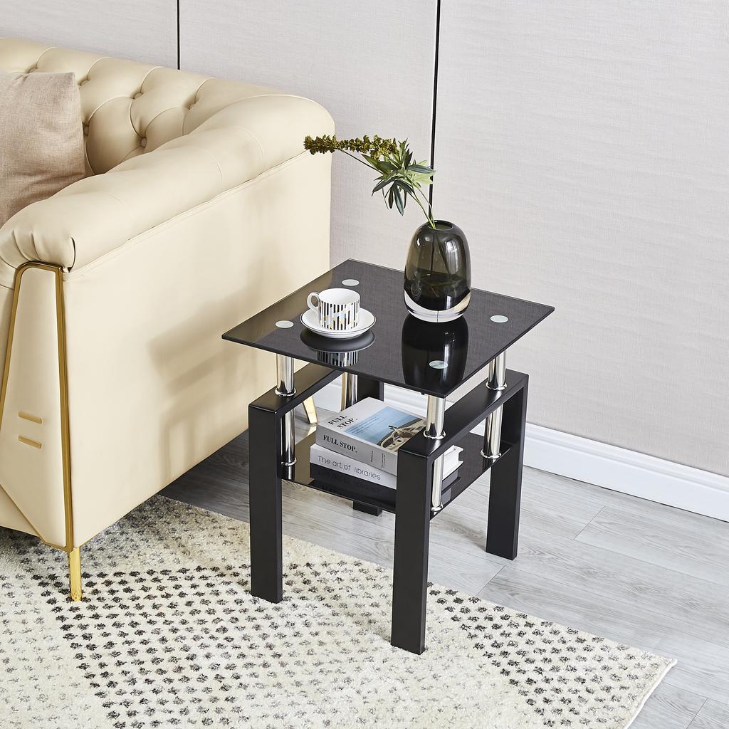 2-Piece Tempered Black Glass Sofa Table, Black Nightstand with Metal Leg for Living Room