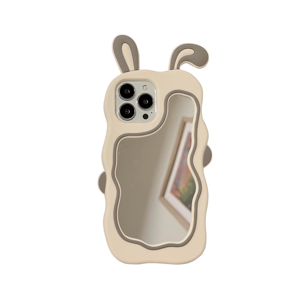 Cute Pink Rabbit Ear Makeup Mirror Suitable for iPhone 15 16 Promax for Apple 13/12/11 Phone Case XR Silicone