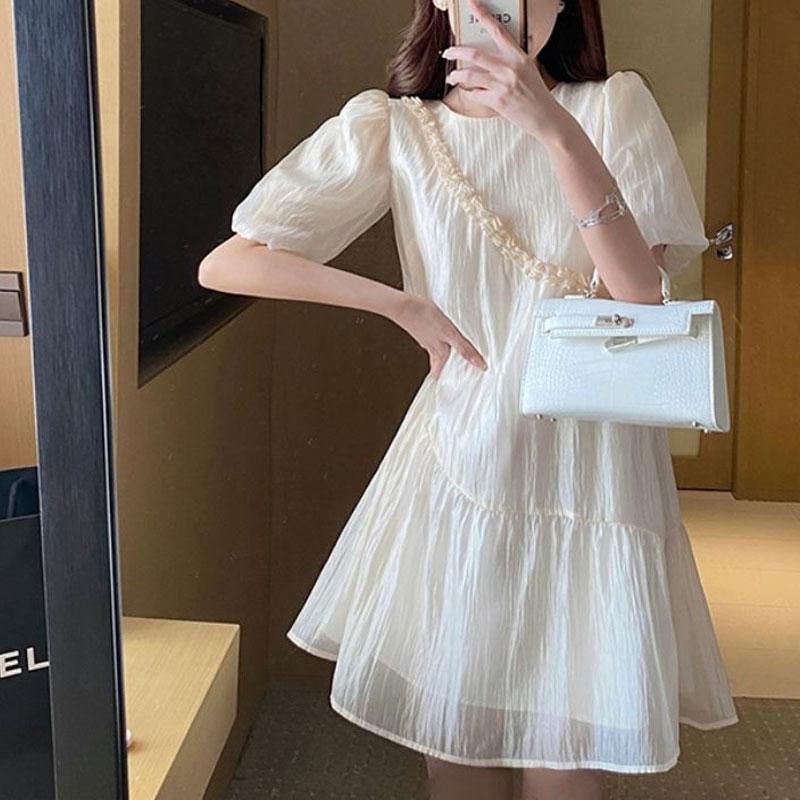 Korejské midi šaty s krátkým rukávem Dámské oblečení Ležérní kulatý výstřih Letní tenké Módní sklady Prošívané Dojíždění Jednobarevné šaty