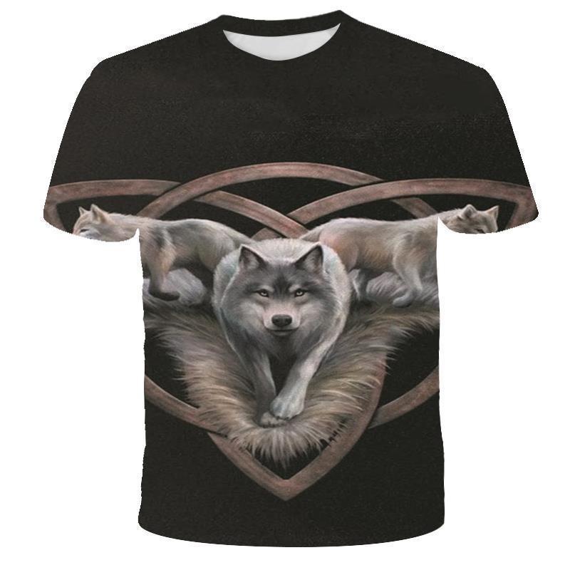 Summer New Wolf Pattern Digital Printed Short Sleeved Men's T-shirt Round Neck Slim Fit Couple Base Shirt