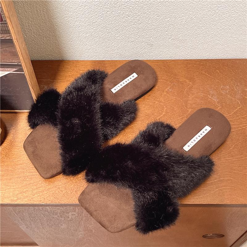 Fashion Aphixta Cross Straps Furry Slipper Sexy Leopard Prints Women Slides Square Toe Shoes Outside Flat Heel Hair Women Shoes Slides