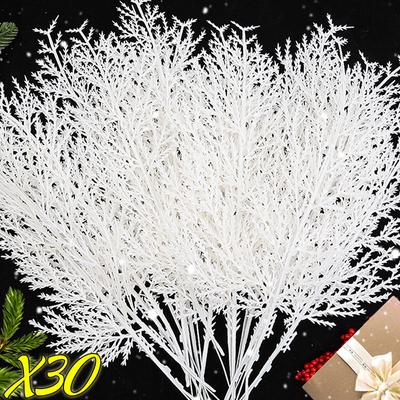 10/30 Piezas Agujas de Pino Artificiales Blancas Adornos para Árbol de Navidad DIY Corona Decoración de Jardín Plantas Suministro de Decoración para Fiesta de Año Nuevo