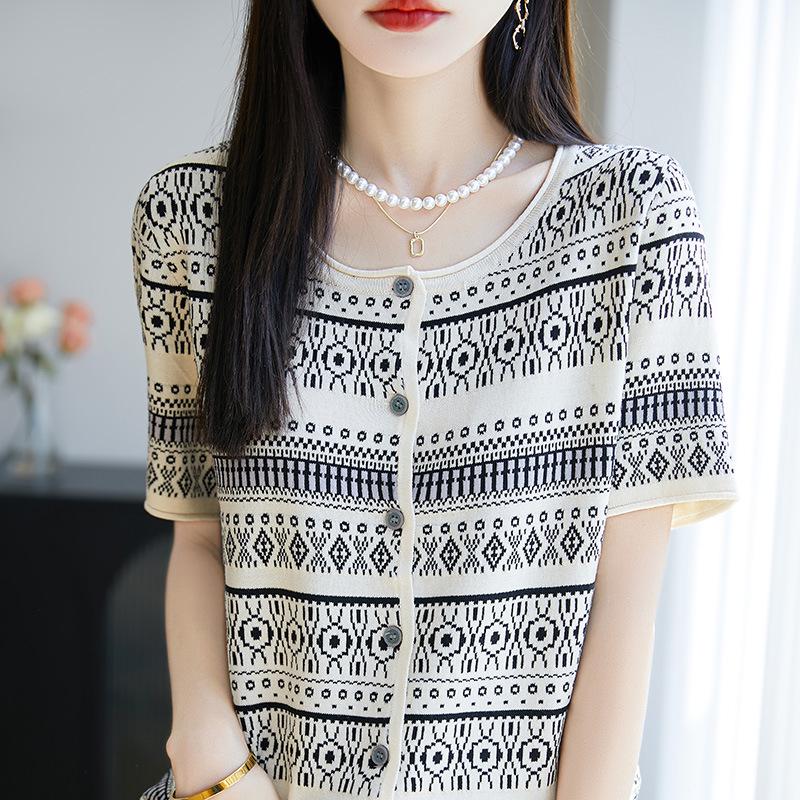 Women's Bamboo Linen Fair Isle Stripe Knit Round Neck Short Sleeve Loose Top