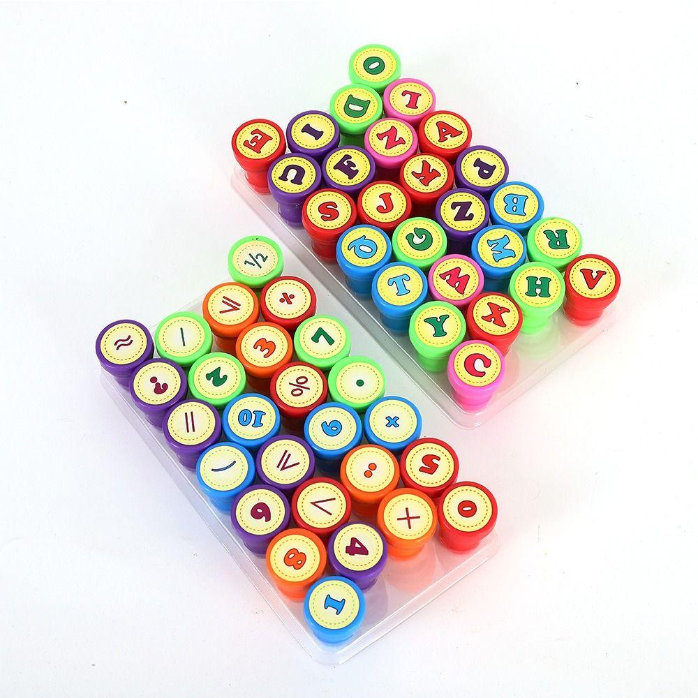 Cartoon Children Arithmetic Seal Self-ink 26pcs Alphabets Letters Round Stamp Cute   Teaching Aids