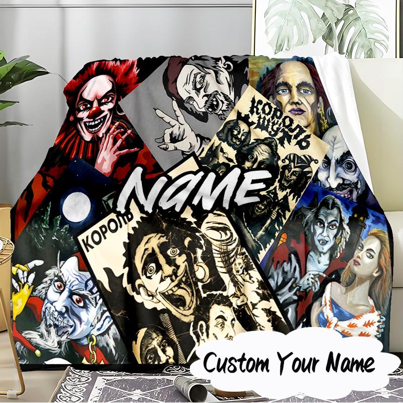 Custom Name Halloween Horror Icons Blanket Ideal Bedding Blanket Perfect for Travel, Camping, Living Rooms, Offices, Sofas, Fan Christmas gift