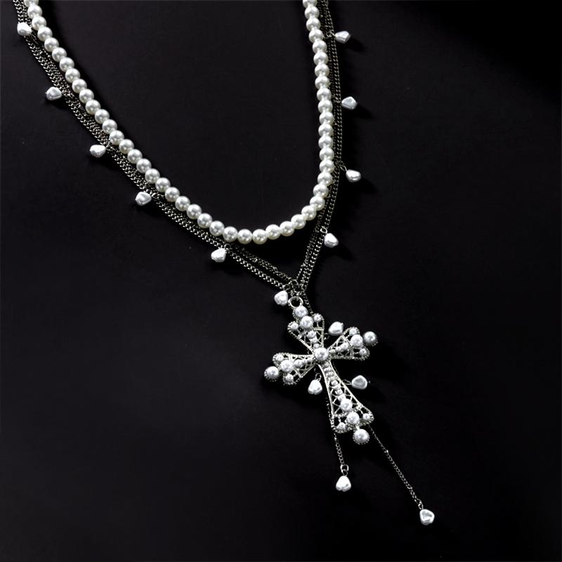Colar Pingente Cruz Grande Estética Multicamadas Vintage Elegante Corrente Contas Pérola Imitação Mulher Choker Joia Y2K