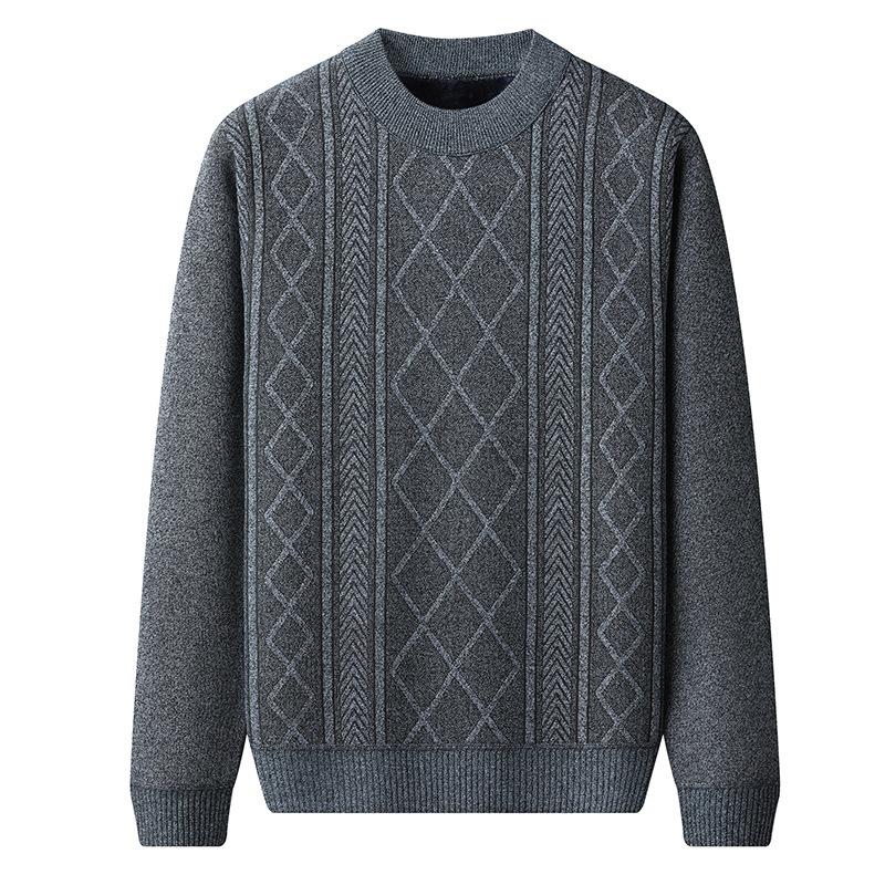 Men's Winter Long-Sleeve Crew-Neck Sweater: Fleece-Lined, Thickened, Warm Top for Middle-Aged and Elderly Men—Dad-Style Sweater