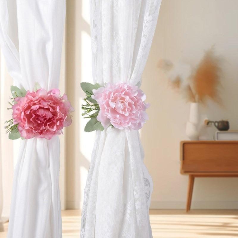 Set of 2Pcs Artificial Peony Flower Curtain Tiebacks Clip Flower Curtain Holder Clamp Decorative Window Drapes Tiebacks