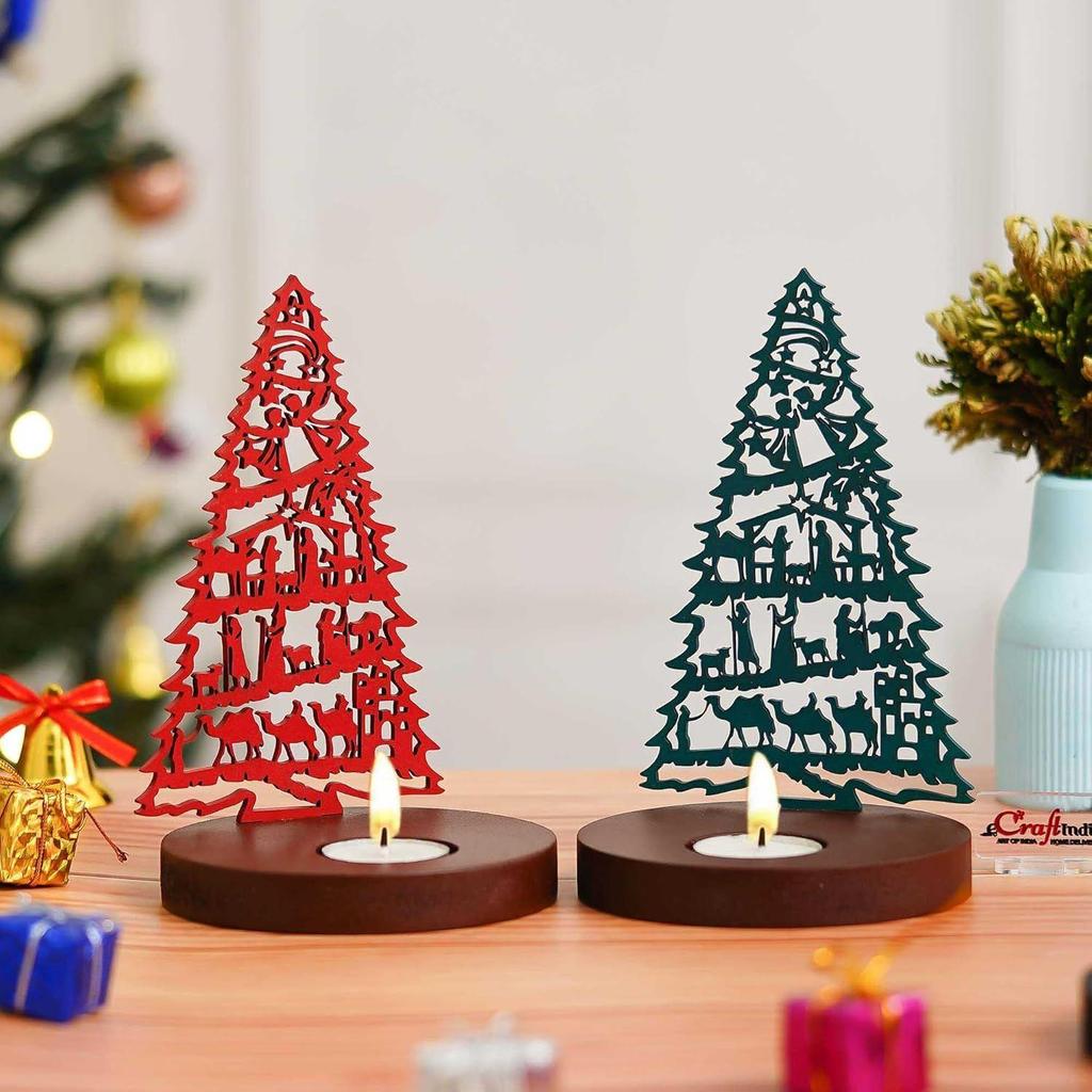 Jesus Krippe Weihnachtsbaum Teelicht Kerzenhalter(Set aus 2 Holz Rot Grün)Teelichthalter|Weihnachtsdekorationsartikel