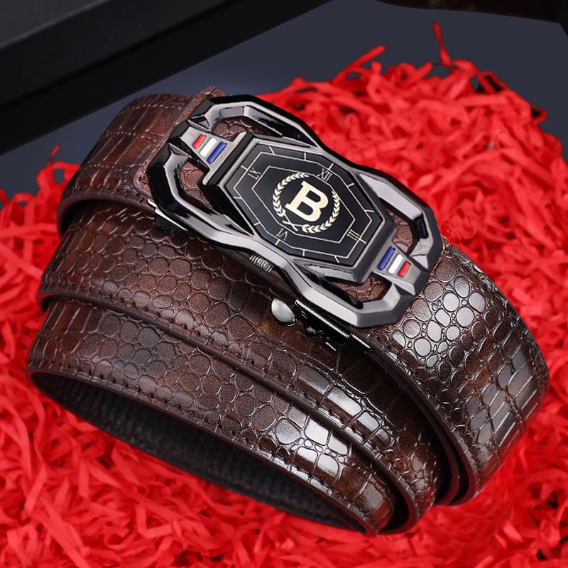 Men's Genuine Crocodile Pattern Leather Belt with Automatic Buckle - Stylish Casual Business Accessory