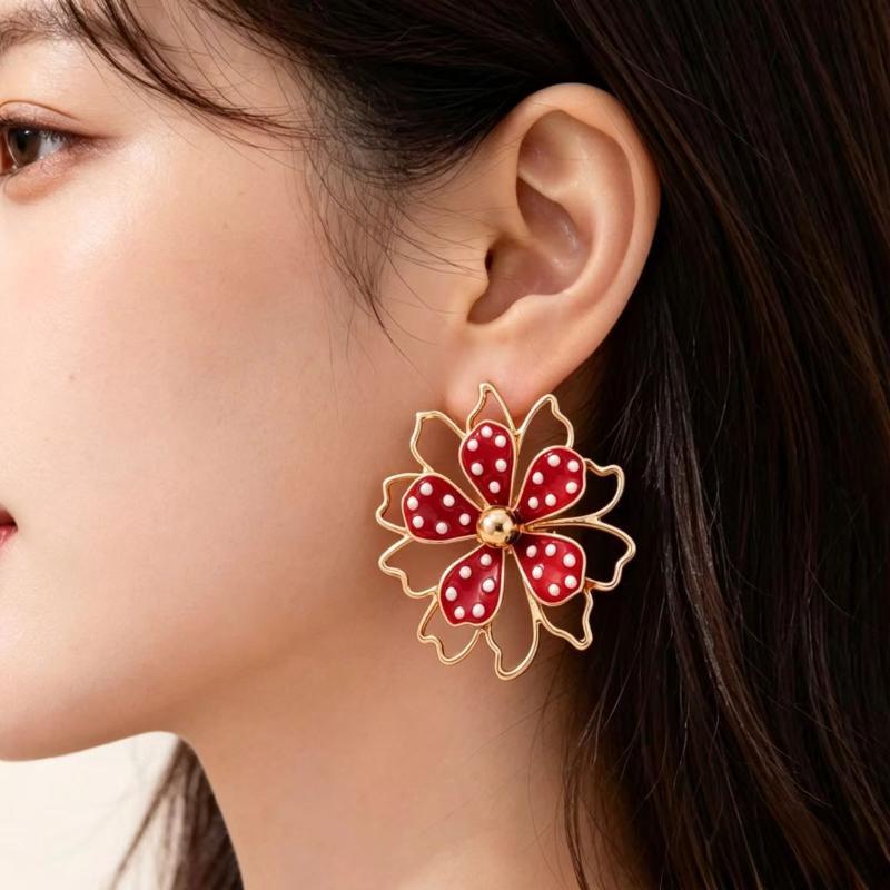 Elegant Gold Plated Floral Earrings Black Enamel White Dot Design Dainty Jewelry for Dinner Date Wear
