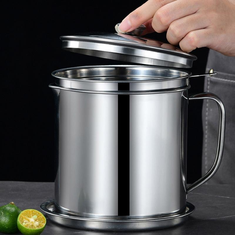 1.3L Oil Can Kitchen Oil Filter Cup Household Filter Mesh Oil for Tank Pot Leak Oil Leaking Storage Stainless Steel Mate