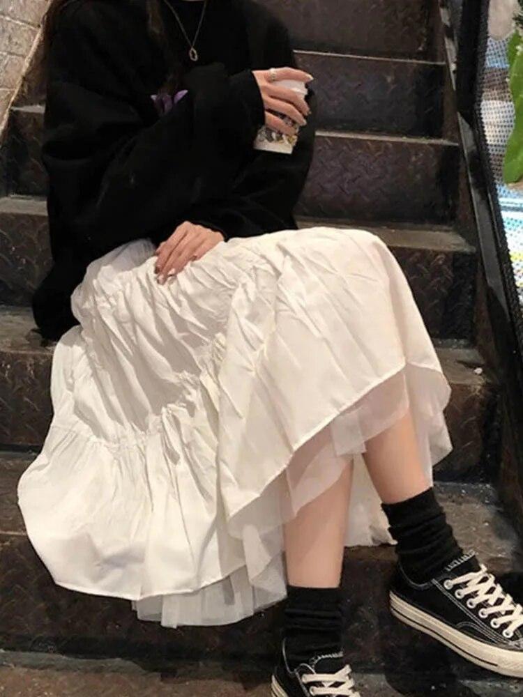 Tulle Skirts Womens Irregular Fashion Korean Elastic High Waist Mesh Tutu Skirt Pleated Long Skirts Midi Skirts for Women