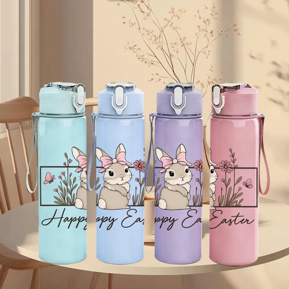 1PC Happy Easter Bunny Text 750ml Color Plastic Sports Water Bottle Leakproof Flip Straw Lid Suitable for Sports Office Home Use