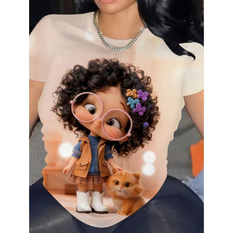Creative Fashionable Personalized Printed Womens T-shirt Summer Comfort Plus Size Versatile Casual Round Neck Short Sleeved T-shirt