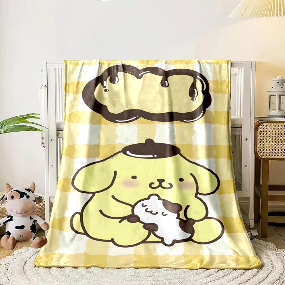 Yellow checkered background with a cartoon dog holding a smaller animal. for all seasons blanket lunch break throw gift