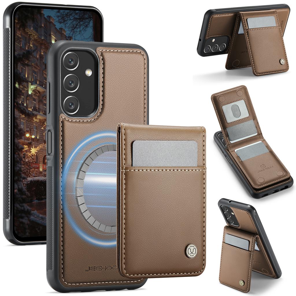 For Samsung Galaxy A14 4G/Galaxy M44 5G/Galaxy A14 5G Leather Back Cover Compatible with MagSafe JEEHOOD J06 Phone Case with Card Bag RFID Blocking