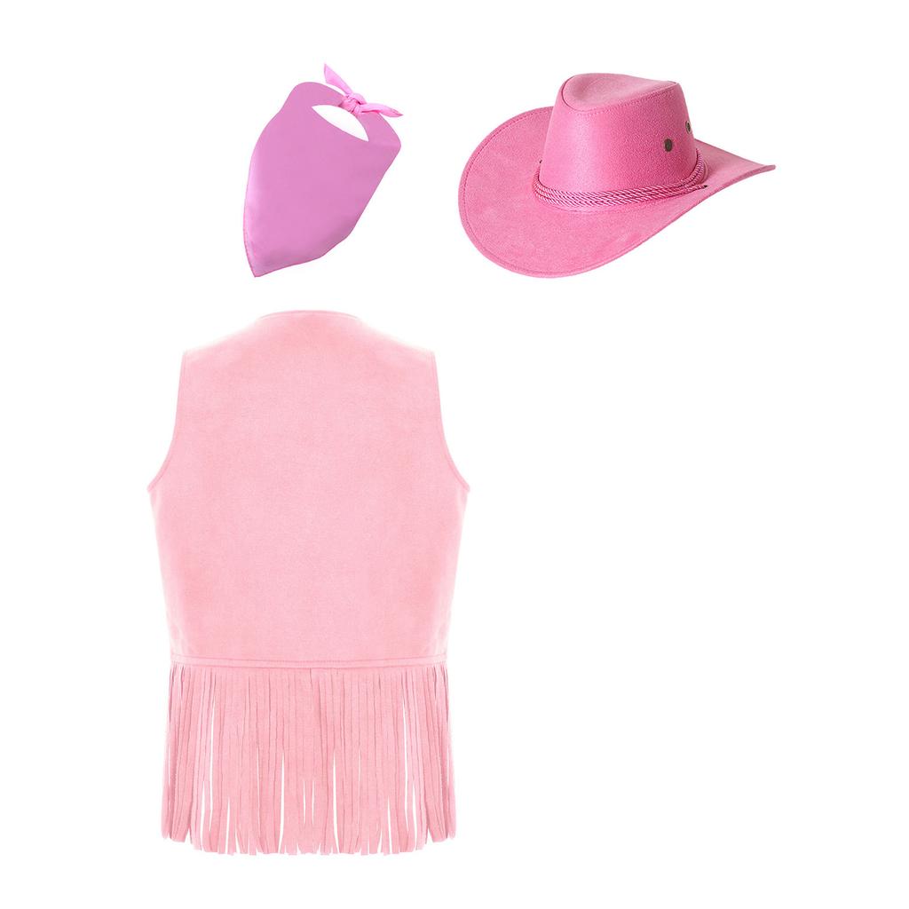 Unisex Kinder Cowgirl Kostüm Offene Weste Brustnieten Quasten Fransen Saum Weste Filz Cowboyhut Quadratisches Halstuch Set